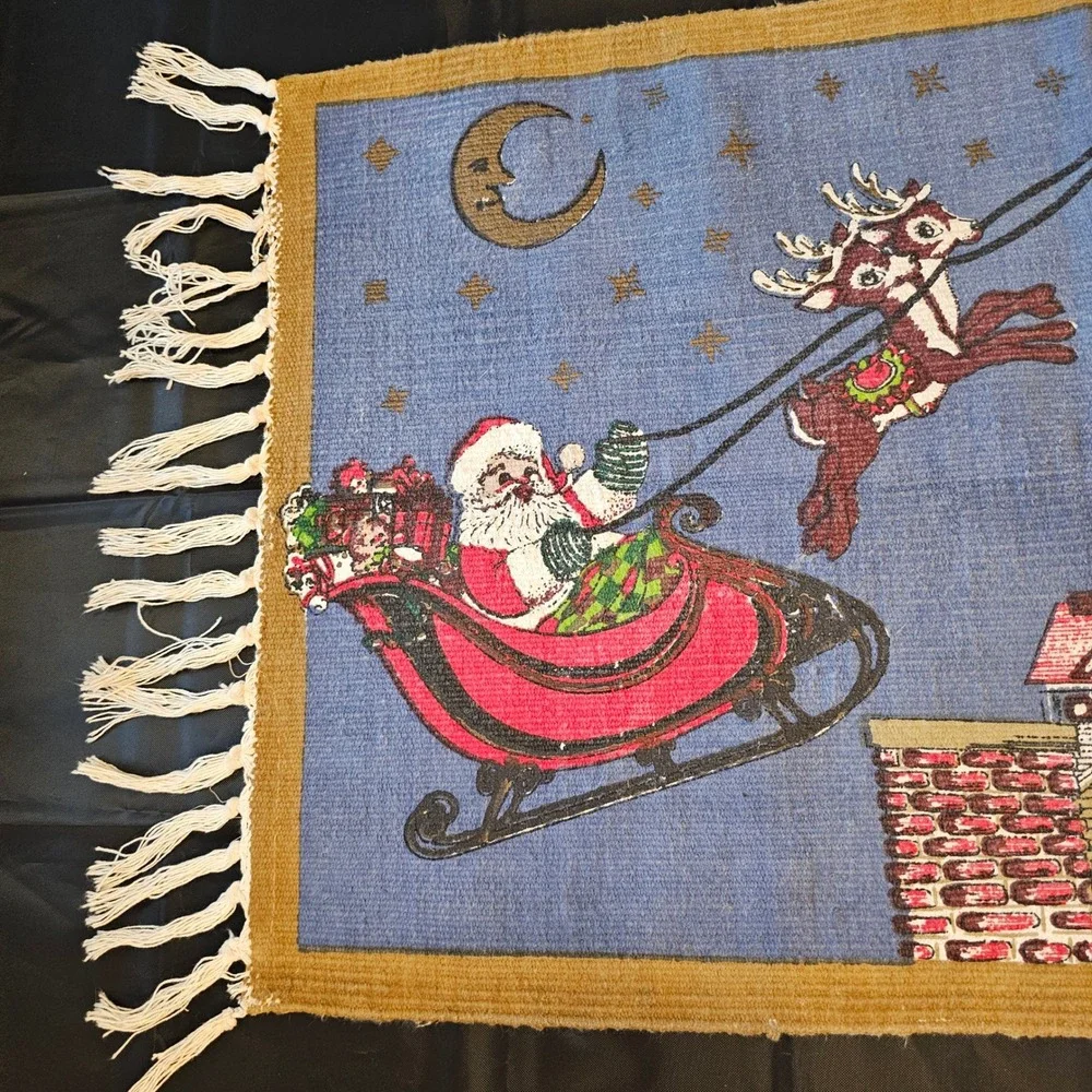 Vintage 1994 Hayim Co Santa's Sleigh Woven Cotton Rug 22x42 Fringed Christmas